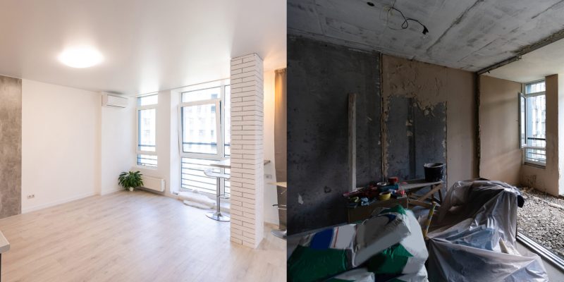 Room with unfinished walls and a room after repair. Before and after renovation in new housing.